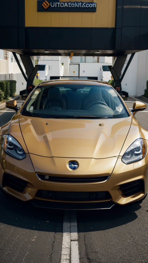 One was wearing a black suit,with short black hair,with brown eye,Eighteen-year-old handsome boy,Stand in front of a yellow Porsche sports car。
