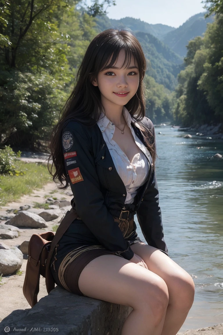 (top quality, 8 K, masterpiece: 1.3)), (1 person: 1.4), 1 girl, USA, wild west, western, 16 years, high contrast, диафрагма F1.2, 24mm focal length, (whole body: 1.2), smile, Pose for a photo, sitting by the river, there&#39;s a forest across the river, mountains are visible from afar,  Pink dress with long sleeves, simple cut dress, Long light brown hair, hair tie, ultra-detailed skin, detailed fabric texture