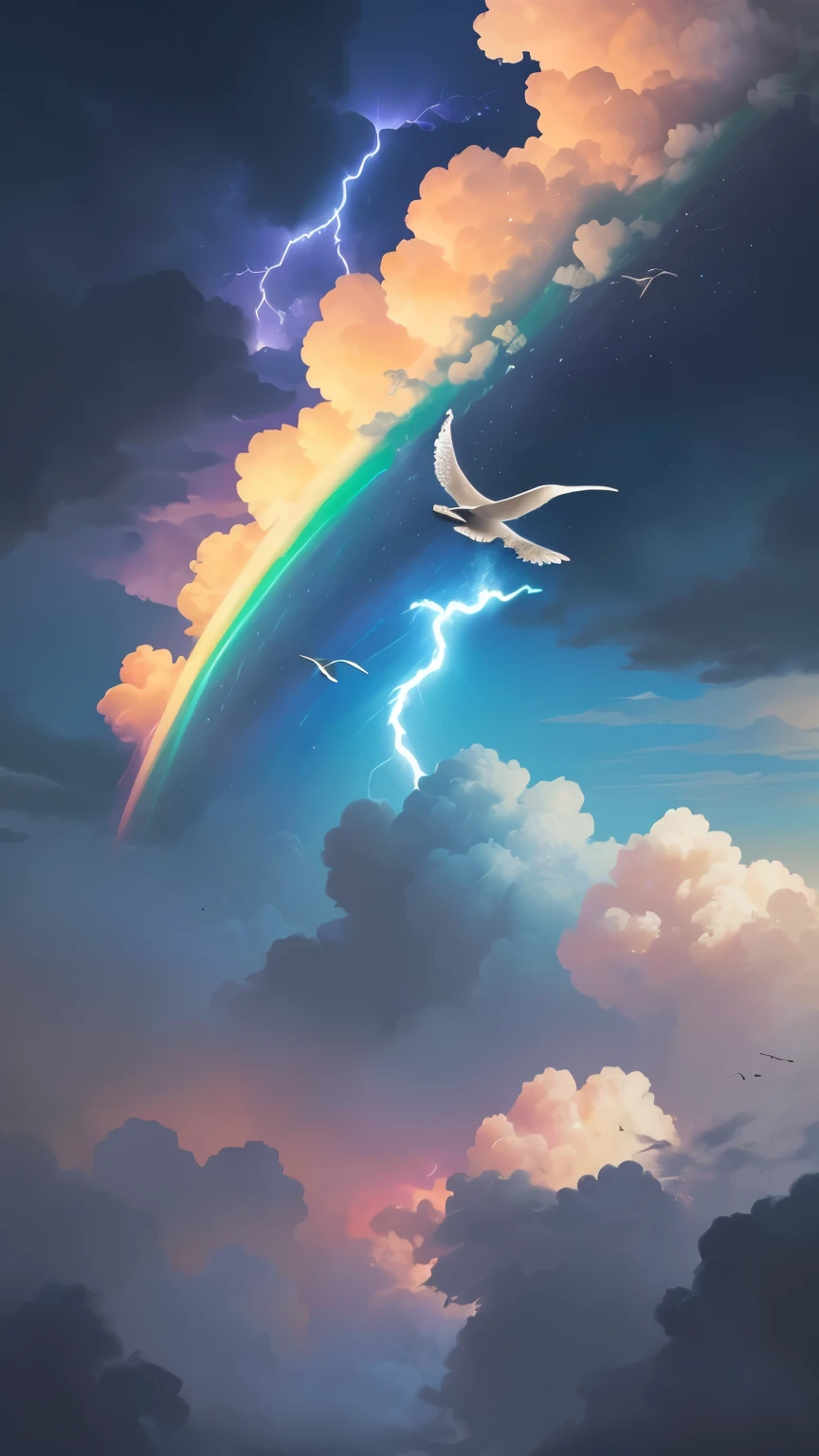 ((best quality)), ((masterpiece)), (detailed), A digital illustration of a rainbow lightning in a dark blue sky with small birds flying in the background
