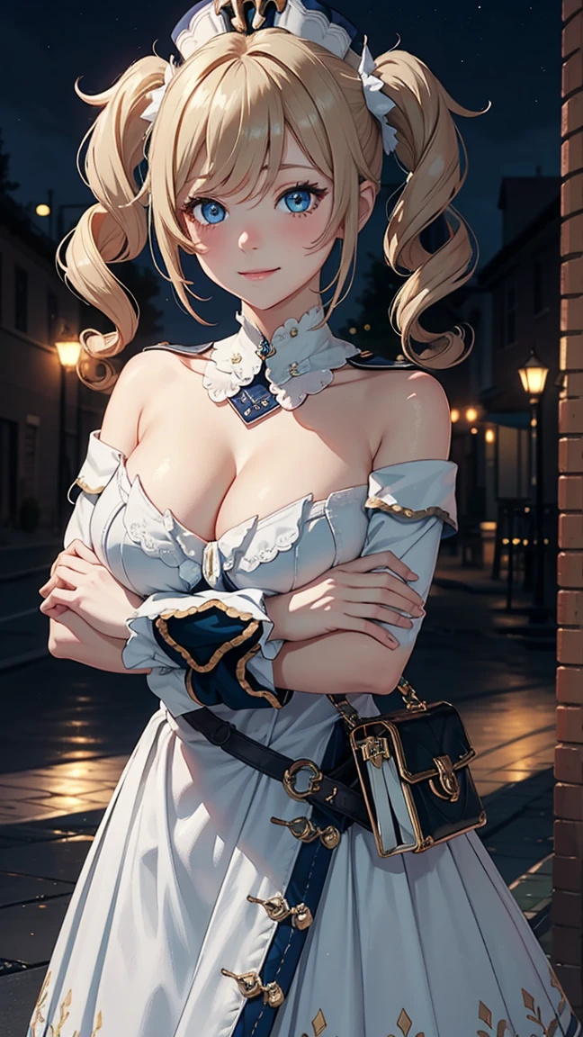 Masterpiece, ultra detail, high quality, 8k cg, huge breast, barbaradef, night, blush, smile, bright eyes, standing, (eyes shining:1.5), detailed upper body, crossed arms,