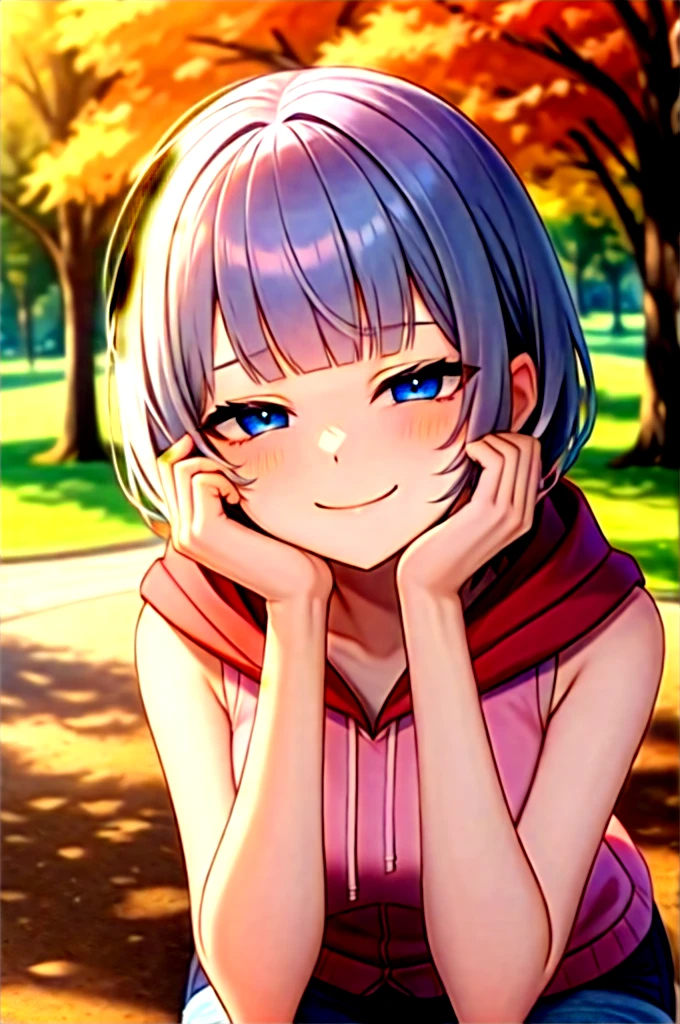 (masterpiece, best quality:1.2), absurdres, perfect anatomy, 1girl, (smug smile:1.2), POV, looking at viewer, hand on cheek, short hair, wavy hair, blunt bangs, silver hair, outdoors, autumn, pink \(sleeveless hoodie:1.2)\, hood down, ( jean shorts:1.1), solo focus, , soft lighting, public park, (blue eyes)