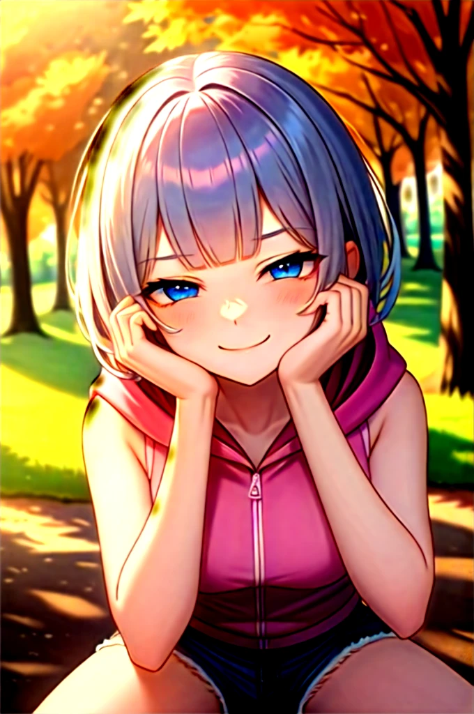 (masterpiece, best quality:1.2), absurdres, perfect anatomy, 1girl, (smug smile:1.2), POV, looking at viewer, hand on cheek, short hair, wavy hair, blunt bangs, silver hair, outdoors, autumn, pink \(sleeveless hoodie:1.2)\, hood down, ( jean shorts:1.1), solo focus, , soft lighting, public park, (blue eyes)
