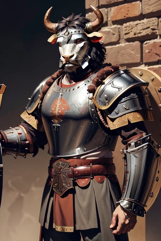 anthropomorphic bull, (bull's head:1.5), Minotaur, short blunt horns, roman centurion, brown fur, large roman shield, (modestly dressed), (roman armor:1.5), grey pants, leather belt, background of Rome, background of red and black, vivid colors, studio lighting, ultra-detailed, HD anime