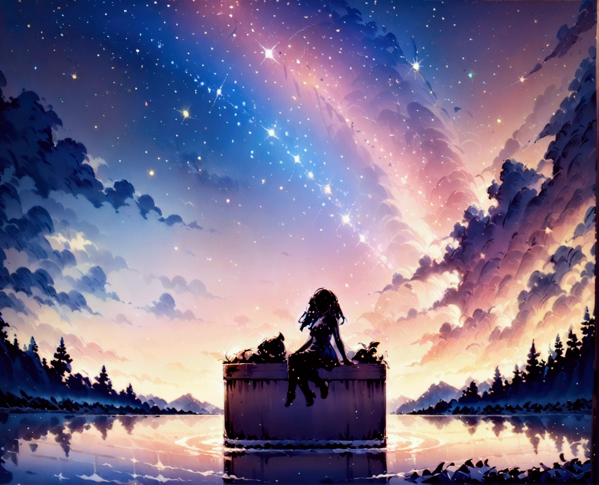 High quality masterpiece, landscape, Animated train passing through water on the tracks, Bright Starry Sky. Romantic Train, Pixiv, Concept Art, Lofi Art style, reflection. by Makoto Shinkai, Lofi Art, Beautiful anime scene, Anime landscape, Detailed landscape — width 672, in Makoto Shinkai&#39;s Style, Makoto Shinkai&#39;s Style, Enhanced Details.
Starry Sky with a person sitting on a box, Famous anime drawings, Topics on pixiv, magical realism, Space Sky. by Makoto Shinkai, Starry Sky!!, Awesome Wallpapers, Anime Sky, the sky is a Starry Sky, Atmospheric anime, Anime Background, Anime Background art, Starry Sky, Star-filled sky