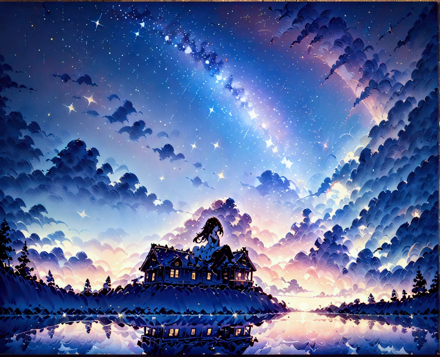 High quality masterpiece, landscape, Animated train passing through water on the tracks, Bright Starry Sky. Romantic Train, Pixiv, Concept Art, Lofi Art style, reflection. by Makoto Shinkai, Lofi Art, Beautiful anime scene, Anime landscape, Detailed landscape — width 672, in Makoto Shinkai&#39;s Style, Makoto Shinkai&#39;s Style, Enhanced Details.
Starry Sky with a person sitting on a box, Famous anime drawings, Topics on pixiv, magical realism, Space Sky. by Makoto Shinkai, Starry Sky!!, Awesome Wallpapers, Anime Sky, the sky is a Starry Sky, Atmospheric anime, Anime Background, Anime Background art, Starry Sky, Star-filled sky