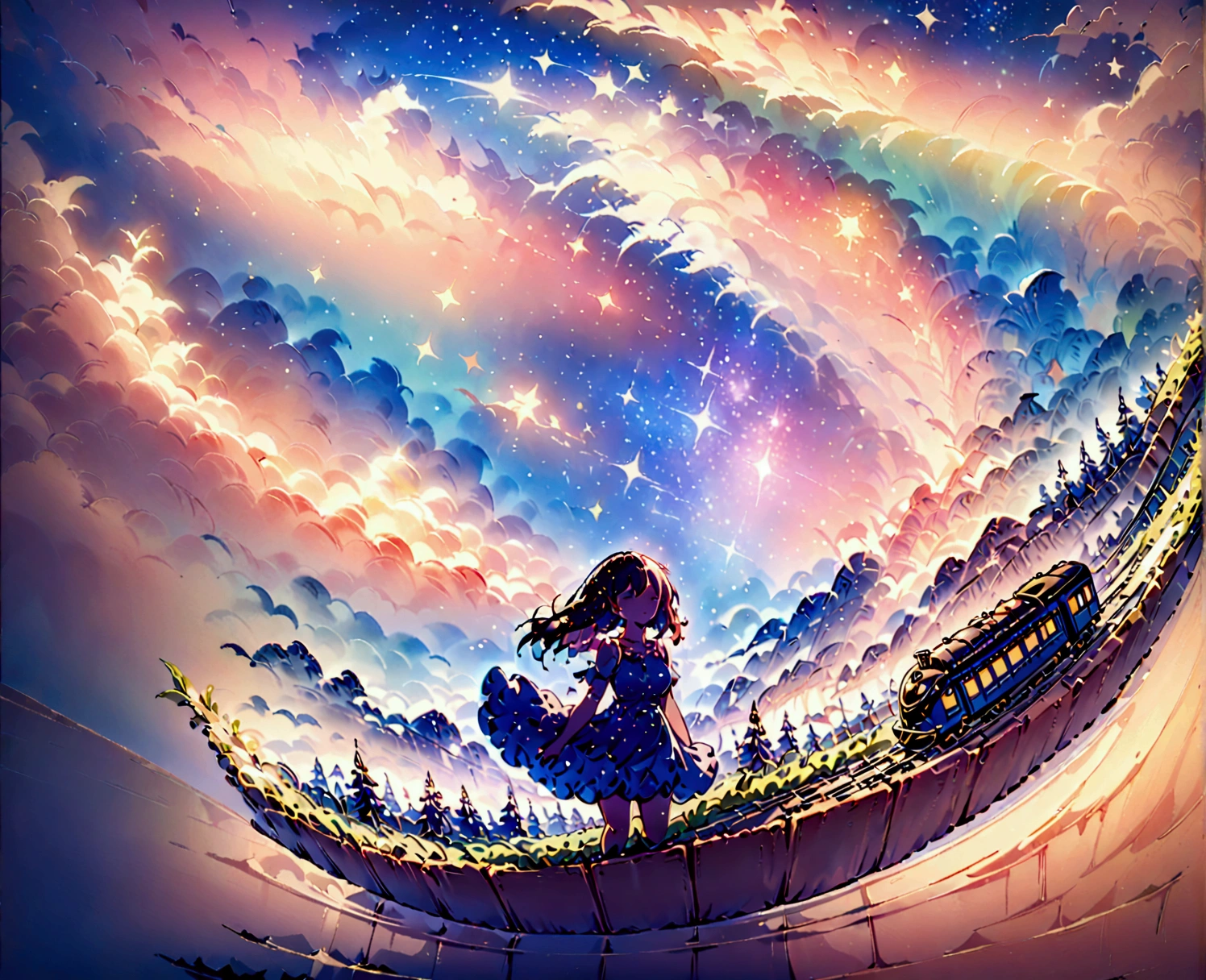 High quality masterpiece, landscape, Animated train passing through water on the tracks, Bright Starry Sky. Romantic Train, Pixiv, Concept Art, Lofi Art style, reflection. by Makoto Shinkai, Lofi Art, Beautiful anime scene, Anime landscape, Detailed landscape — width 672, in Makoto Shinkai&#39;s Style, Makoto Shinkai&#39;s Style, Enhanced Details.
Starry Sky with a person sitting on a box, Famous anime drawings, Topics on pixiv, magical realism, Space Sky. by Makoto Shinkai, Starry Sky!!, Awesome Wallpapers, Anime Sky, the sky is a Starry Sky, Atmospheric anime, Anime Background, Anime Background art, Starry Sky, Star-filled sky