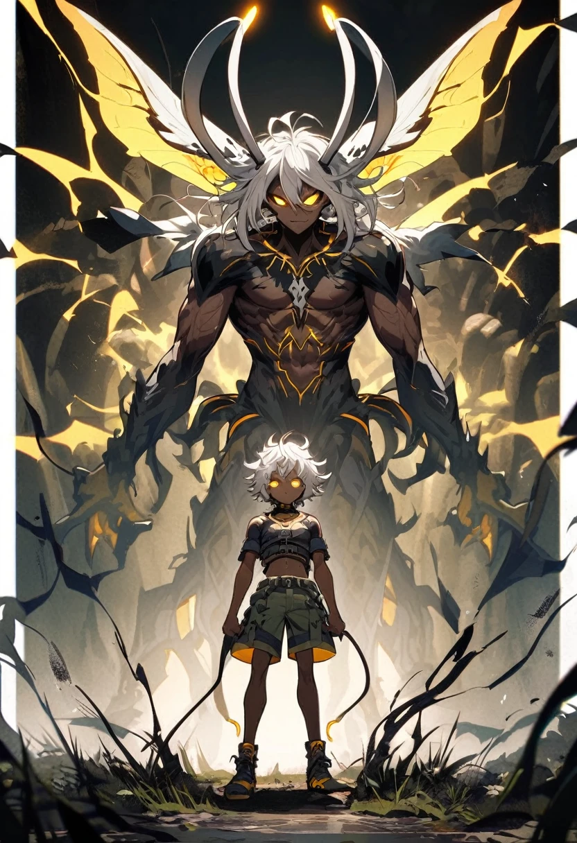 Insect boy, monster boy, chest belts, white hair, muscles, yellow eyes, glowing eyes, long antennas, shorts, neckband, short hair, messy hair, dark skin, standing, arms apart,