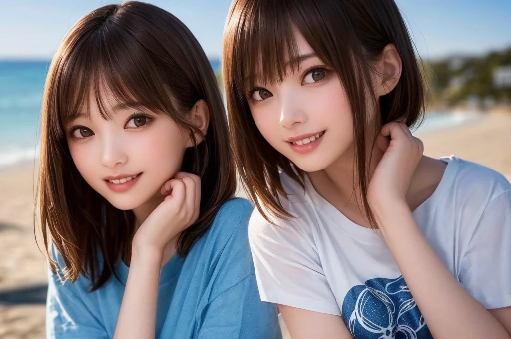 (Highest quality、8k、32K、masterpiece)、(Realistic)、(Realistic:1.2)、(High resolution)、Very detailed、Very beautiful face and eyes、1 girl、Round and small face、Tight waist、Delicate body、(Highest quality、Attention to detail、Rich skin detail)、(Realistic、Realistic:1.37)、Bright colors、(((Chestnut Hair)))、(((Upper Body Shot)))、(((Medium Hair)))、(((Fair skin)))、(((seaside resorts)))、(((smile)))、(((Teeth are visible)))、(((T-Shirtsを着る)))、(((Touch your chin with your right hand)))、(((T-Shirts)))、(((Clothes with English print)))