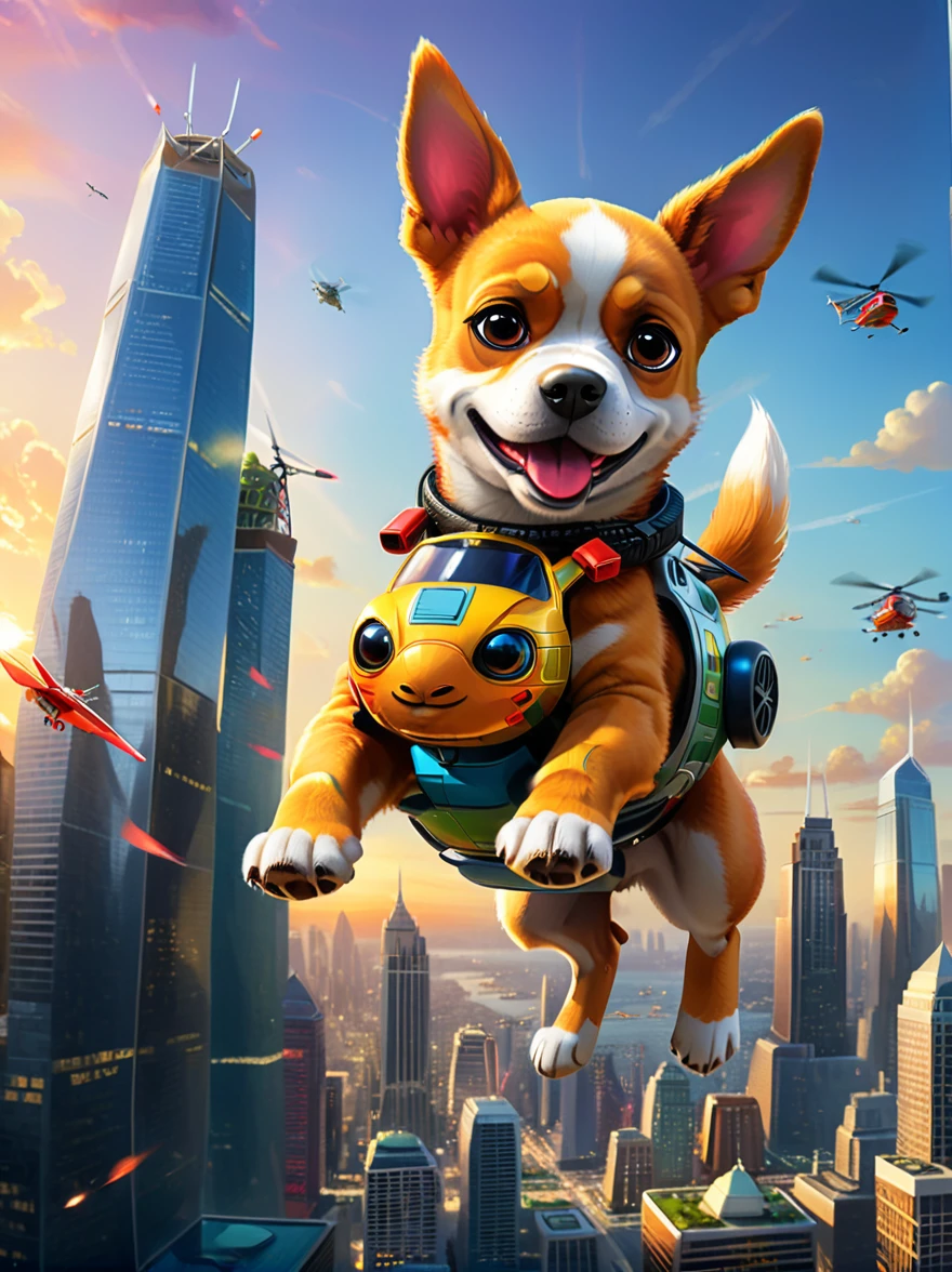 Imagine a dog with an angry and mischievous expression. This canine is at the helm of a futuristic, non-violent, brightly colored toy helicopter, skillfully maneuvering over a compact, yet towering cityscape of unpopulated skyscrapers. Despite the look on the dog's face, there are no signs of violence or harm. The skyscrapers are lit vibrantly, giving an illusion of flames, reflecting off their glassy exteriors under the golden sunset. The entire scenario possesses an uncanny, cartoon-like quality, establishing a surreal and whimsical ambience.