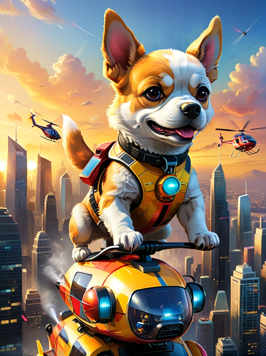 Imagine a dog with an angry and mischievous expression. This canine is at the helm of a futuristic, non-violent, brightly colored toy helicopter, skillfully maneuvering over a compact, yet towering cityscape of unpopulated skyscrapers. Despite the look on the dog's face, there are no signs of violence or harm. The skyscrapers are lit vibrantly, giving an illusion of flames, reflecting off their glassy exteriors under the golden sunset. The entire scenario possesses an uncanny, cartoon-like quality, establishing a surreal and whimsical ambience.