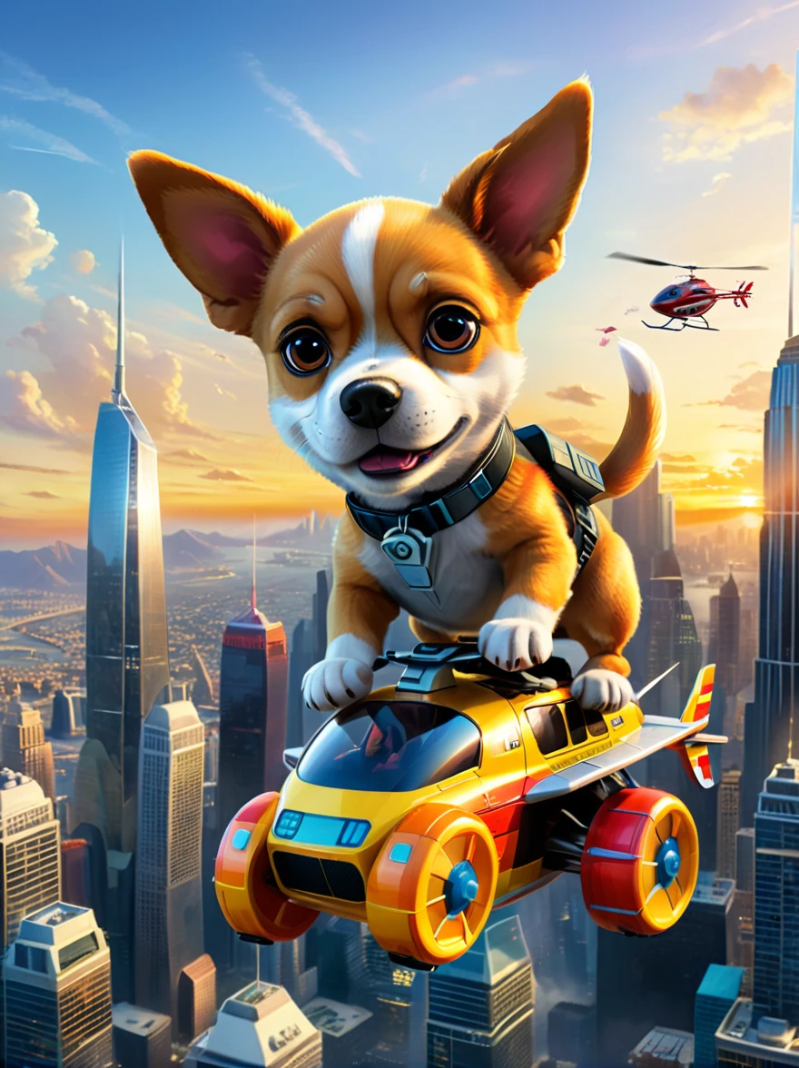 Imagine a dog with an angry and mischievous expression. This canine is at the helm of a futuristic, non-violent, brightly colored toy helicopter, skillfully maneuvering over a compact, yet towering cityscape of unpopulated skyscrapers. Despite the look on the dog's face, there are no signs of violence or harm. The skyscrapers are lit vibrantly, giving an illusion of flames, reflecting off their glassy exteriors under the golden sunset. The entire scenario possesses an uncanny, cartoon-like quality, establishing a surreal and whimsical ambience.