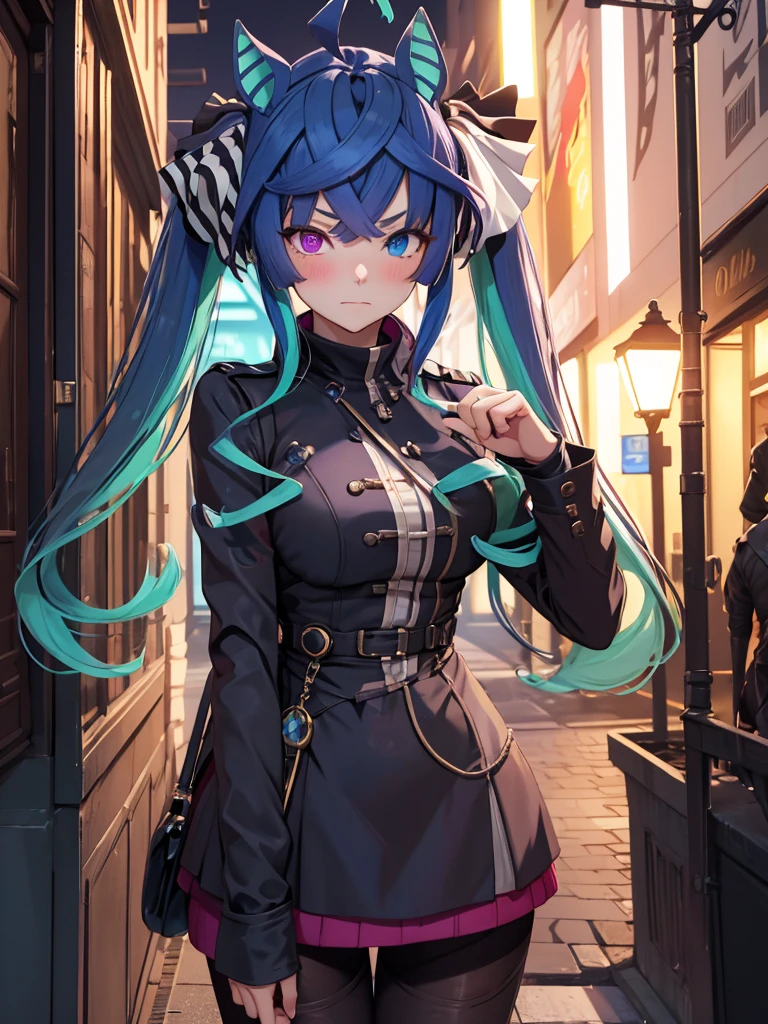 (Masterpiece, best quality, high res、highly detailed cg: 1), A foreign land where the language is not understood, a prostitute inviting with body language, both not understanding each other's words but the intentions are clear, she is using gestures and expressions, street at night, subtle lighting, exotic atmosphere. Twin_Turbo_Umamusume, aqua hair, twintails, heterochromia, purple eyes, blue eyes, small breasts,  (Blush, half closed eyes)
