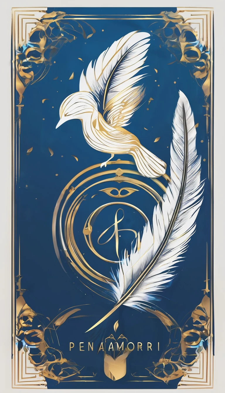 Create a cinematic, abstract symbol for a storytelling production brand based on stories and dreams called " Penamemoria". The logo should convey a fantasy theme and include the company of a boy and a feather. Fantastic, memorable, poetic, dreamy, sitting against a tree and playing guitar to a fantastic, unique, poetic white-blue-golden feather.