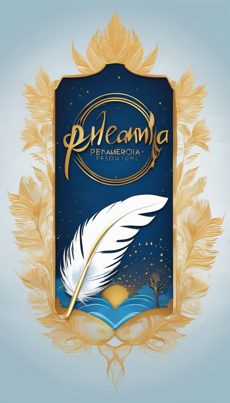 Create a cinematic, abstract symbol for a storytelling production brand based on stories and dreams called " Penamemoria". The logo should convey a fantasy theme and include the company of a boy and a feather. Fantastic, memorable, poetic, dreamy, sitting against a tree and playing guitar to a fantastic, unique, poetic white-blue-golden feather.