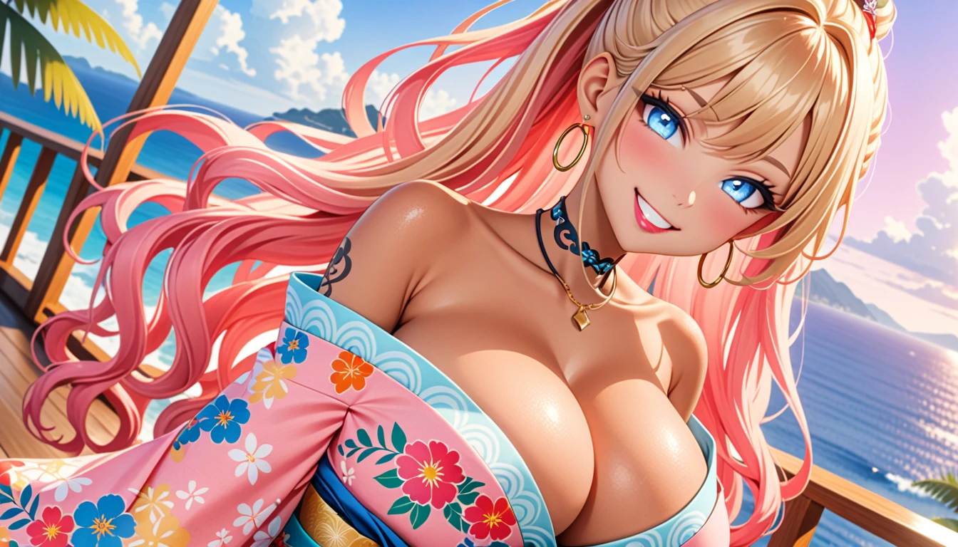 ultra-detailed, ((one girl)), ((portrait)), (tan skin:1.4), in pastel colors gyaru, (heavy makeup), (professional lighting) hyper detailed, absurdres, 8k, Beautiful Face, (Laugh shyly), ((teasing smile:1.6)), ((happy smile:1.2)),  ((Wink:1.4)), (Laugh with your mouth wide open),((Tilt your face:1.6)), View your viewers, ((Bright red cheeks:1.6)),Glossy shocking pink lips, ((huge breasts:1.5)), undressing, ((Her tattoo peeked through her kimono:1.2)), noon, summer, Luxury resort with ocean view, ((Anime style background)),masterpiece, Highest quality, (Brighten your face), so beautiful,Latest, Complex details, ((fluorescent pink long nail:1.2)), (ring),(bracelet), (Floral Choker),AI-generated, Complex,High resolution, Highest quality, super high quality,3D Images、3D Images,One person, (blond long hair), (High Ponytail), (wavy hair:1.4), Anime woman posing for a photo, ((Fine grain、blue eyes、glowing eyes:1.4)), (Squint your eyes:1.1),a hyperRealistic , hyperRealistic , Realistic,Anime woman with long honey blonde hair, Smooth anime CG art, A girl in a gorgeous pastel-colored kimono, ((Pastel-colored furisode)),(Pink large floral pattern),  (sideboob), Long flower hair ornament,large gold hoop earrings, Mature Body, tall,Narrow waist,((dutch angle)), Shooting from an angle,