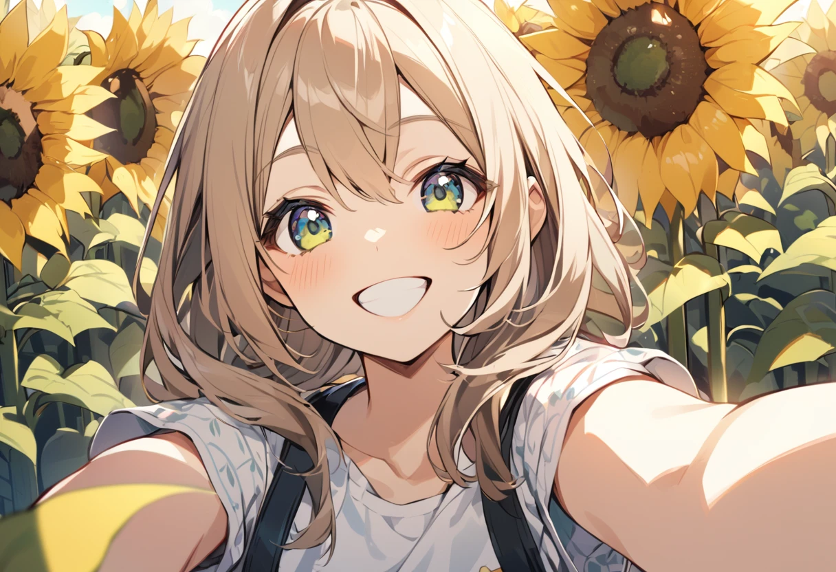 High resolution、Selfie Style、Sunflower field、One Girl,Upper Body,smile,I'I'm laughing so hard my eyes are closing,A big smile,Black Hair,length,Shiny Hair, peace_sign