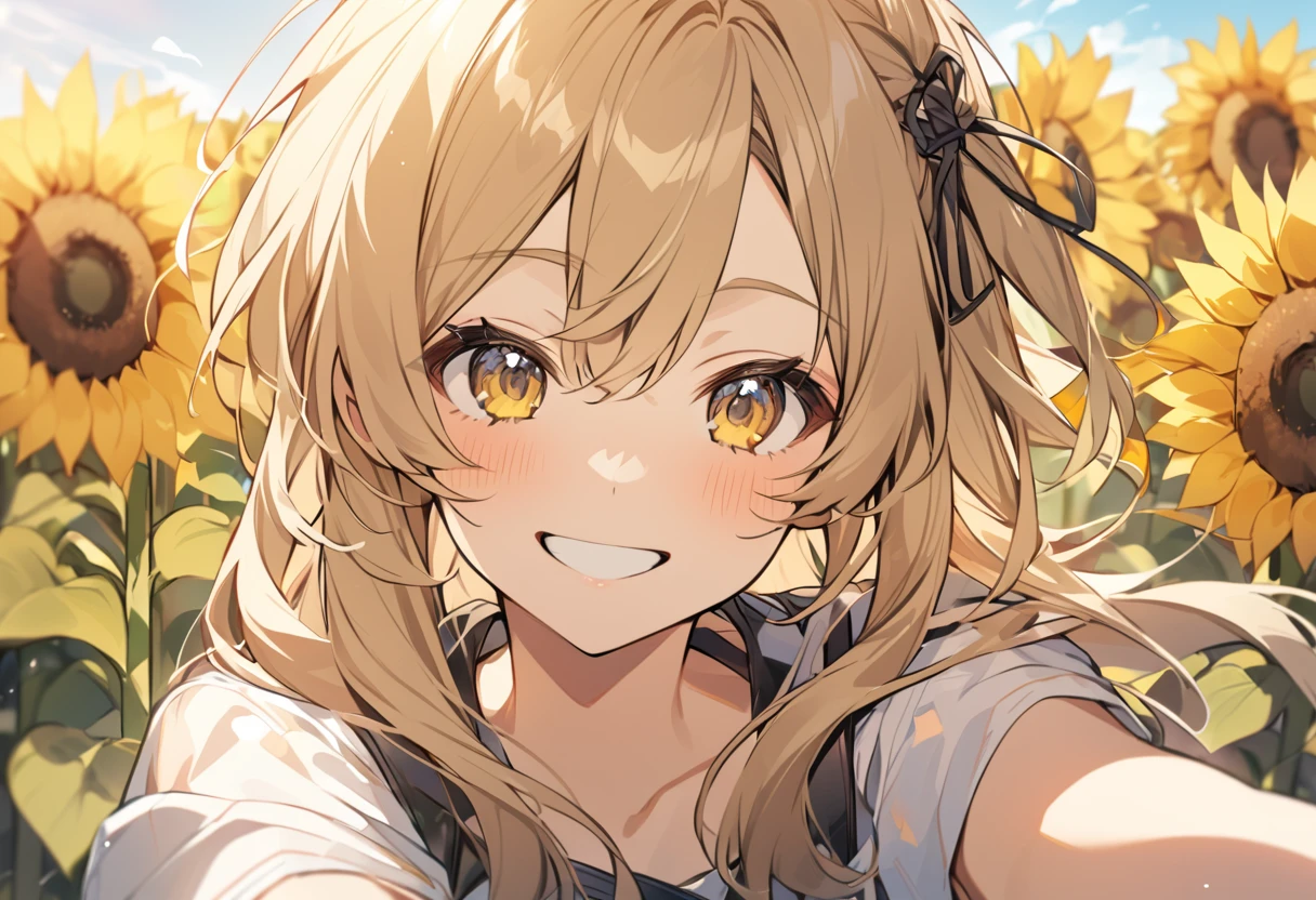 High resolution、Selfie Style、Sunflower field、One Girl,Upper Body,smile,I'I'm laughing so hard my eyes are closing,A big smile,Black Hair,length,Shiny Hair, peace_sign