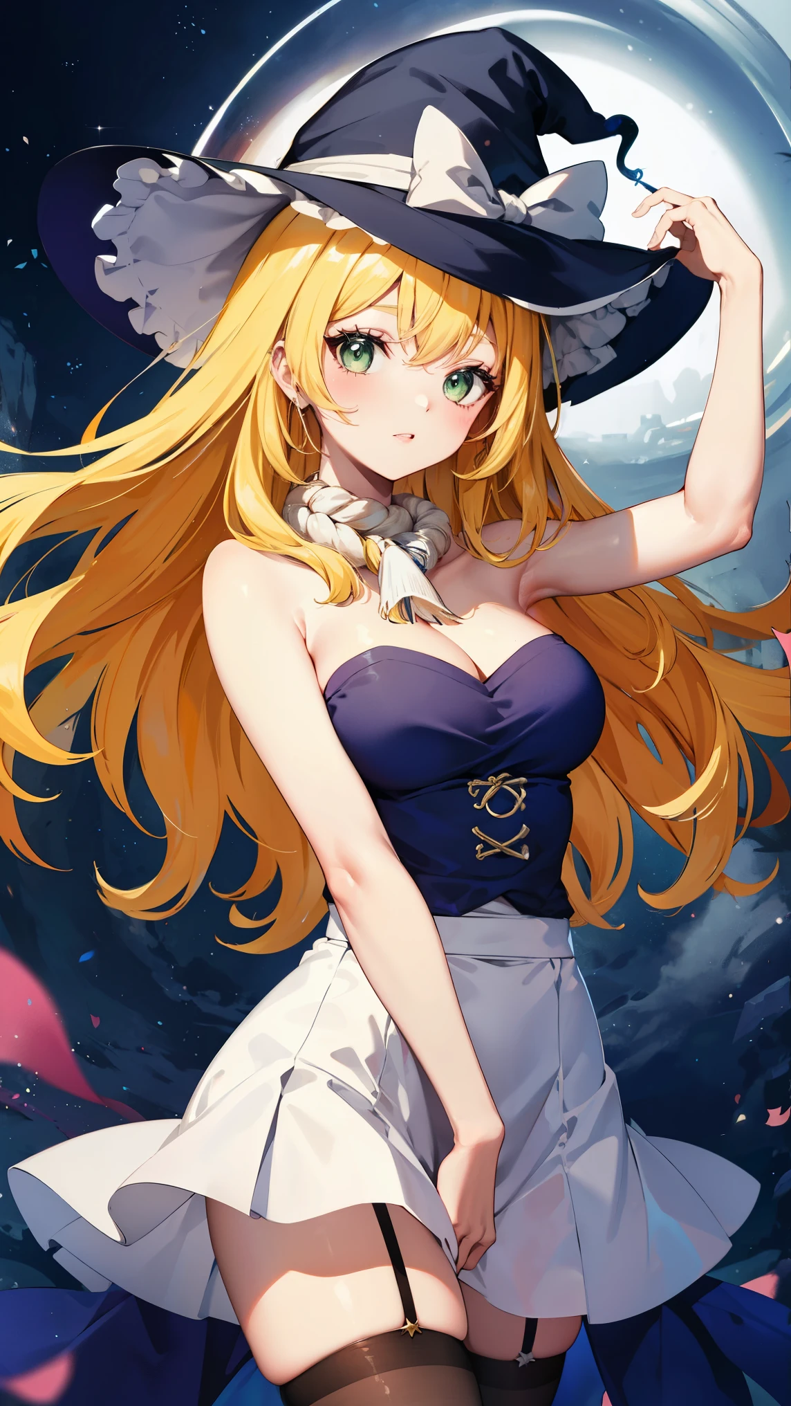 there is a woman in a hat and stockings posing for a picture, flirty anime witch casting magic, marisa kirisame, seraphine ahri kda, beautiful cowboy witch, ayaka cosplay, pretty sorceress, black magician girl, kirisame marisa from touhou, , sakimichan, cosplay, anime girl cosplay, ruri, rope around neck, 