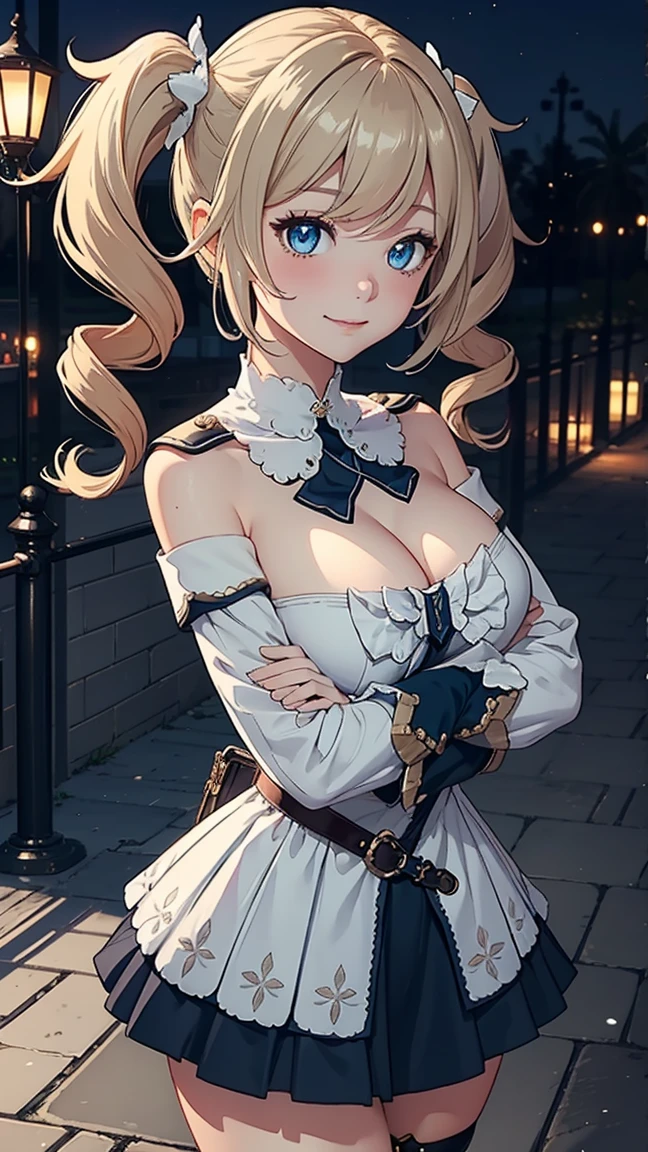 Masterpiece, ultra detail, high quality, 8k cg, , barbaradef, night, blush, smile, bright eyes, standing, (eyes shining:1.5), detailed upper body, crossed arms,