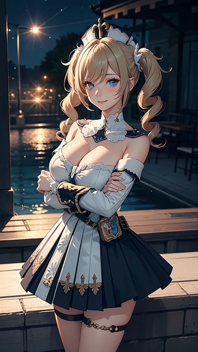 Masterpiece, ultra detail, high quality, 8k cg, huge breast, barbaradef, night, blush, smile, bright eyes, standing, (eyes shining:1.5), detailed upper body, crossed arms,