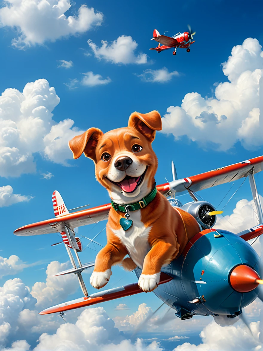 scene,A fat red dog,Big green eyes,A mischievous smile on his face,Sitting comfortably in a vintage blue propeller plane。Airplane against clear blue sky background,Flying high among the fluffy white clouds。The exhaust pipe of the plane exudes an exciting、Show off and spark,Light up the scene,Warm golden hue。