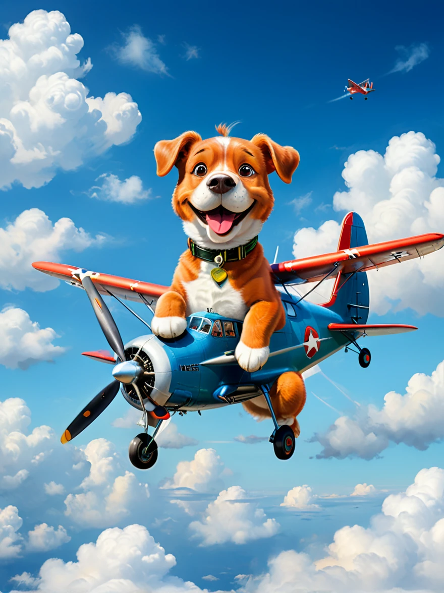 scene，A fat red dog，Big green eyes，A mischievous smile on his face，Sitting comfortably in a vintage blue propeller plane。Airplane against clear blue sky background，Flying high among the fluffy white clouds。The exhaust pipe of the plane exudes an exciting、Show off and spark，Light up the scene，Warm golden hue。