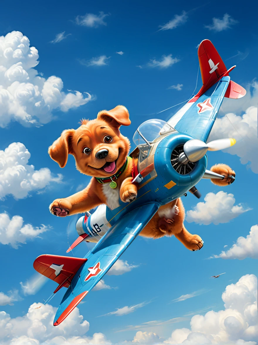Flying Puppy, propeller hat, blue sky, bird, plane
