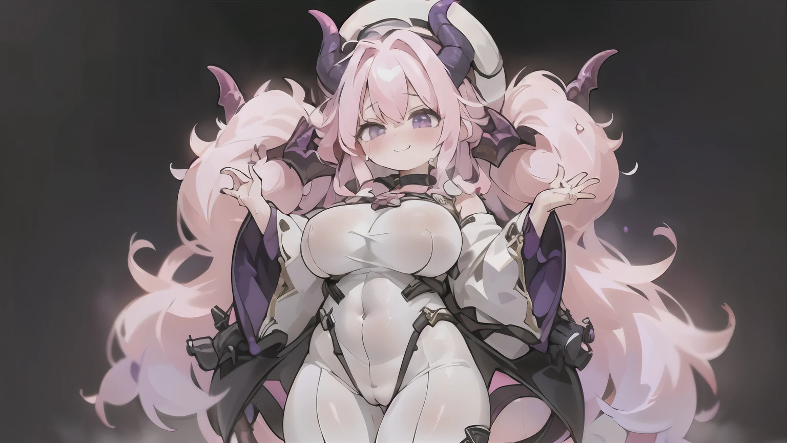 (((Two Girls,Transparency,,White and purple shaggy hair,Pink frizzy hair))),
((Huge breasts,Huge ram horns,Devil's Tail,See through)),
White bodysuit,Big sleeves,Big thighs,Sweating profusely,Large amount of steam,Grinning,Wait,
Collar with string,Love scene,hat,