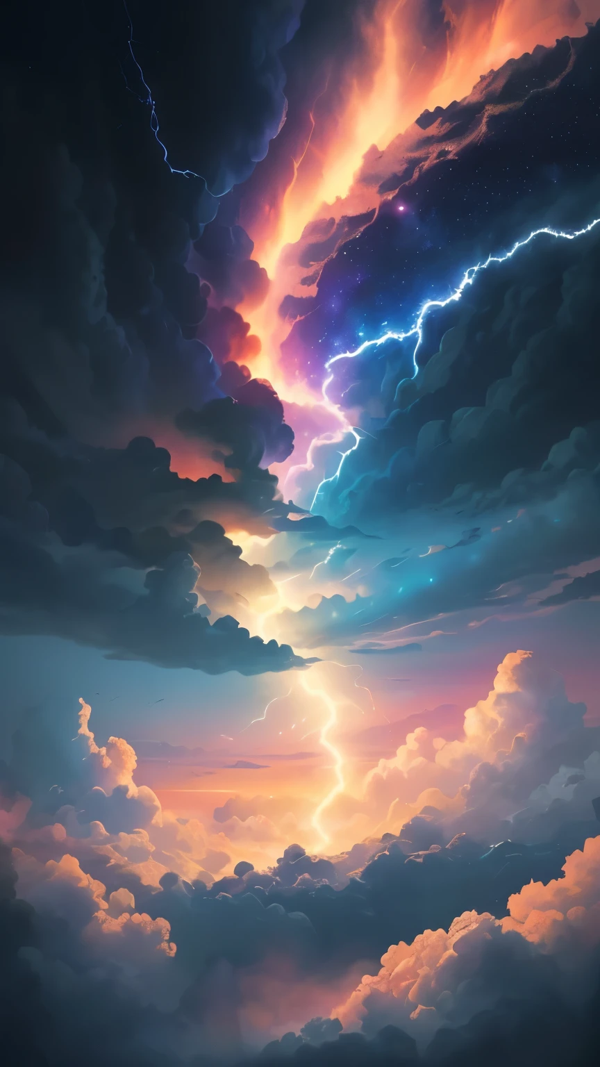 ((best quality)), ((masterpiece)), (detailed), A digital illustration of a rainbow lightning in a dark blue sky with small peach color birds flying in the background