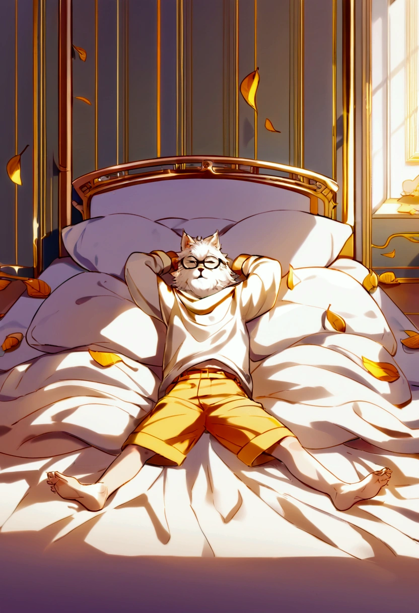 Hairy，（Wolf，Black-rimmed glasses，White short sleeve，灰色Long sleeve衬衣，Long sleeve，Roll up your sleeves，Shorts），White beard，White fur，male，generally，Full Body Shot， Dynamic pose，There are fallen leaves，sunlight，in the bedroom，bed，Lying，close your eyes，Sleeping，Detailed Background，极其Real阴影，masterpiece，Very detailed，Real