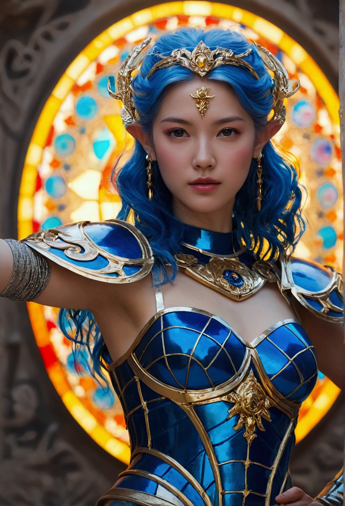 Close-up of a woman in armor, Medium Close-up ( micro ), 8k ArtJam bokeh, Vojtek Fuss, ig model | ArtJam, Lostrun 8k, by ruan jia and stanley ArtJam, Jason Chan, Cinematic. Ren Jun, Jan J, Yanjun Chent( Absurd , high quality , Super detailed, Watch your hands )Zodiac sign - Goddess of Sagittarius , Similar to the goodness of Latin . Optimistic, fair, Funny and intelligent face . recklessness, Ruthless, impatient, Overconfident style . Dark blue eyes (Eye details) , Sparkling deep blue hair , Transparent dress , In the sea of shining stars , whole body , Nature of fire , God Chiron(masterpiece, Highest quality, Highest quality,Official Art, beautifully、Super Gold Hairstyle、aesthetic:1.2),(One girl:1.3), One girl BREAK stained glass art, Colored Glass, Lead wire, Light transmission BREAK Vivid colors, Intricate Design, Glowing effect, Spiritual atmosphere、Background abstract korean strip dancer