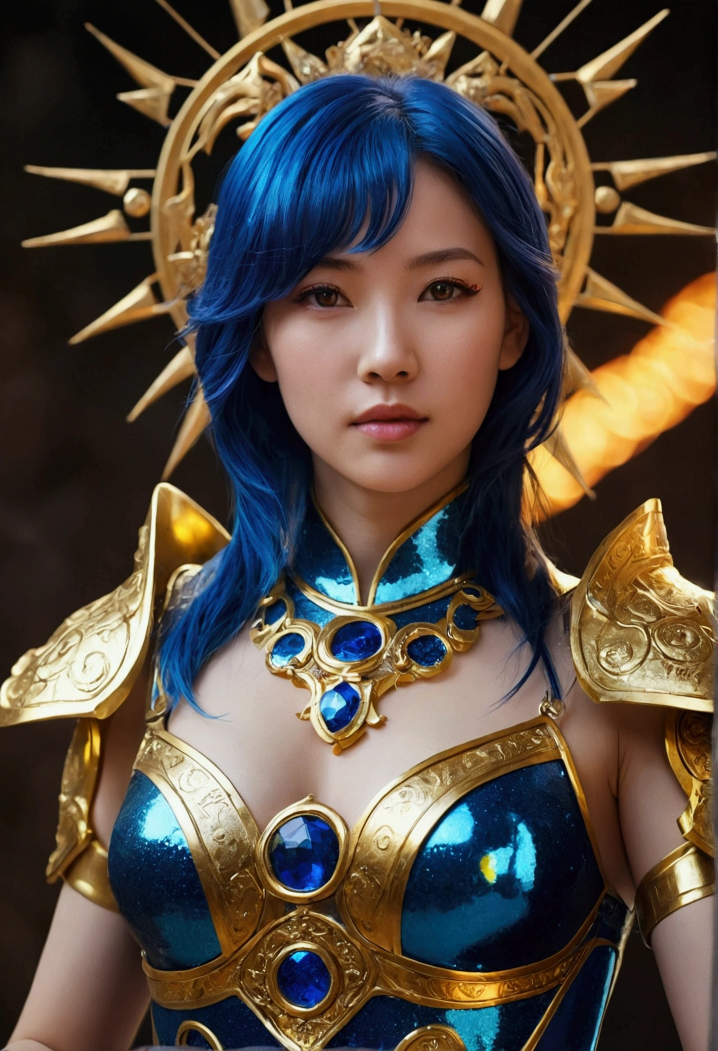 Professional , masterpiece、top-quality、photos realistic , 、top-quality、超A high resolution、(Photorealsitic:1.4)、Raw photo、depth of fields (Gemstone Gold Metal Body:1.9),(Matte White、Toostock、heavy breasts、(cleavage of the breast)、(((Micro Bikini Armor))),(Detailed Dragon Armor)、(Have the strongest weapon)、((Random Hairstyles 1.6),Dark Fantasy,)explosions、intense fighting、(Precipitous cliffs),Dragon Gold Weapon,Mystical expression、Particles of light、Fight dragons、(Detailed Dragon Helmet),Gorgeous Silver Weapons ,(( Dragon's dense and gorgeous sword)) , Beautiful knife ,warhammer 40k ,Detail and gorgeous tiaras、((Blue hair))、(Castle background)、、((Gangle's forest background))、Beautiful Caucasian beauty、1a person、dynamic ungle,(((With detailed shielding)))、Smaller head、A smile、Castle background、Thin and beautiful female hands、cleavage of the breast、Soldier in iron armor on background、Mystical expression、Light Effects、intense fighting、Wind-effect、magic circles、With the legendary magic wand、(demonic wings)、Toostock、