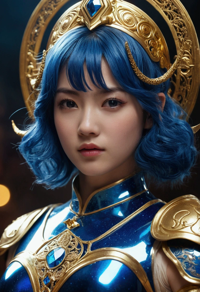 Close-up of a woman in armor, Medium Close-up ( micro ), 8k ArtJam bokeh, Vojtek Fuss, ig model | ArtJam, Lostrun 8k, by ruan jia and stanley ArtJam, Jason Chan, Cinematic. Ren Jun, Jan J, Yanjun Chent( Absurd , high quality , Super detailed, Watch your hands )Zodiac sign - Goddess of Sagittarius , Similar to the goodness of Latin . Optimistic, fair, Funny and intelligent face . recklessness, Ruthless, impatient, Overconfident style . Dark blue eyes (Eye details) , Sparkling deep blue hair , Transparent dress , In the sea of shining stars , whole body , Nature of fire , God Chiron(masterpiece, Highest quality, Highest quality,Official Art, beautifully、Super Gold Hairstyle、aesthetic:1.2),(One girl:1.3), One girl BREAK stained glass art, Colored Glass, Lead wire, Light transmission BREAK Vivid colors, Intricate Design, Glowing effect, Spiritual atmosphere、Background abstract korean strip dancer
