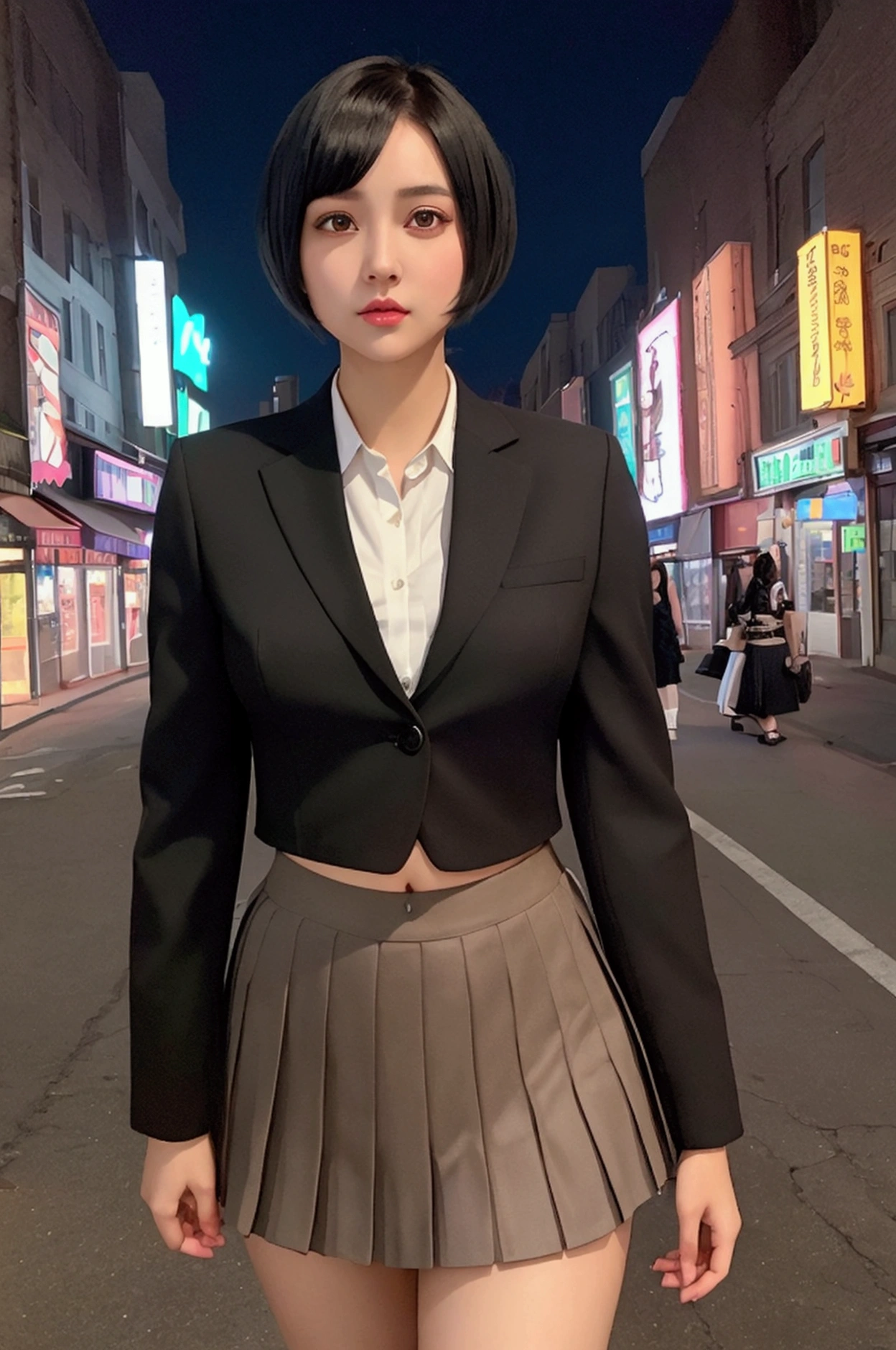 lovely young woman, short black hair, Brown eyes, Queen,pleated skirt suit,streetlight,neon lights,Bustling street background,(navel:1.1,Princess Eyes), noble, royalties, high quality, masterpiece, Very detailed