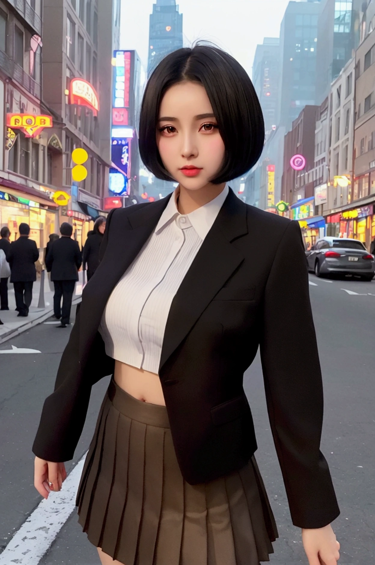 lovely young woman, short black hair, Brown eyes, Queen,pleated skirt suit,streetlight,neon lights,Bustling street background,(navel:1.1,Princess Eyes), noble, royalties, high quality, masterpiece, Very detailed