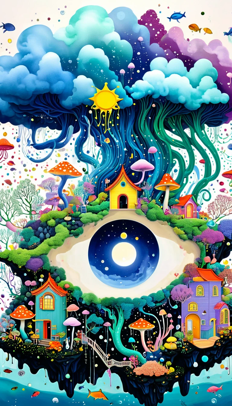 Strong visual fusion of multiple elements，broto，来自star的艺术家，Dopamine color scheme，house、Eye、pearl bead curtain、pearl、star、cloud、fish、Spore powder、Ocean、rain、Tentacles，Describing the inner world of autistic people，Intensive Pointillism method。Smooth lines。interesting，Strange illustration。Pointillism method。Strong contrast。Award-winning works。