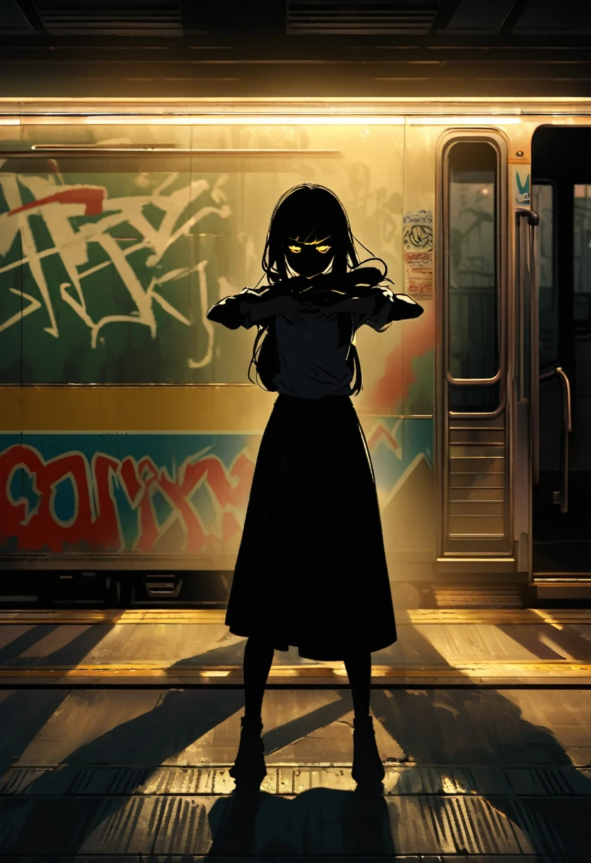 Yoru stands on an empty subway platform, with hard lighting from a single overhead light casting long shadows. The noir style is accentuated by the tiled walls and the distant sound of a train approaching. Her pose is tense, ready for action, with graffiti and posters on the walls adding to the gritty ambiance.