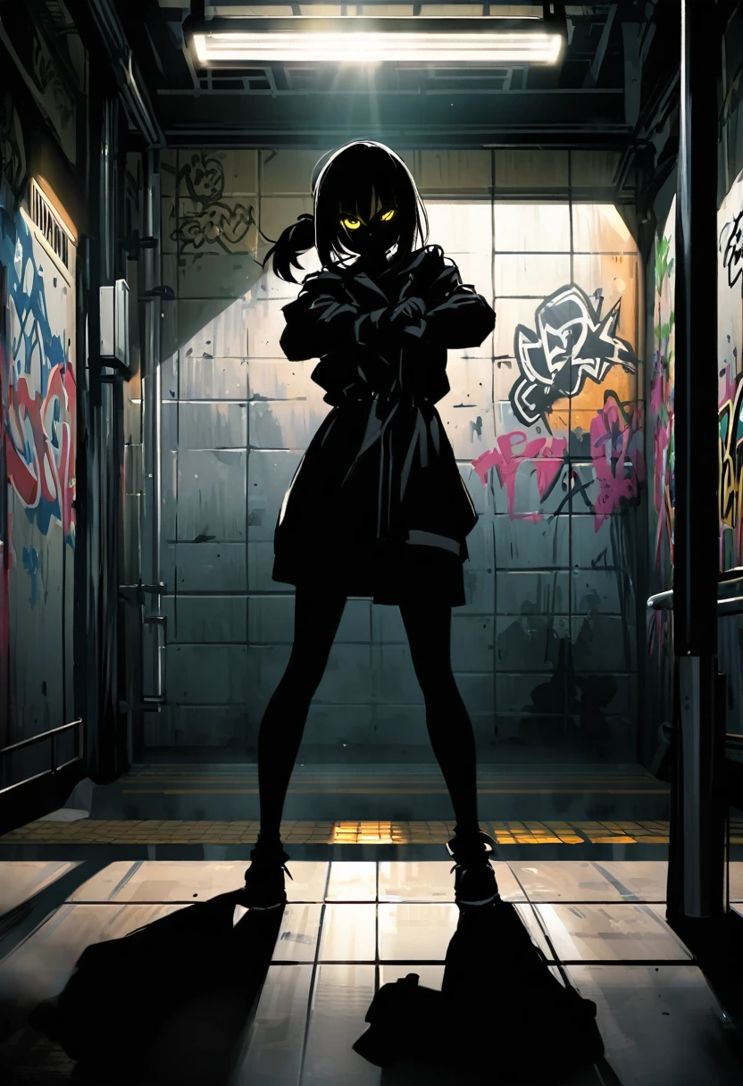 Yoru stands on an empty subway platform, with hard lighting from a single overhead light casting long shadows. The noir style is accentuated by the tiled walls and the distant sound of a train approaching. Her pose is tense, ready for action, with graffiti and posters on the walls adding to the gritty ambiance.