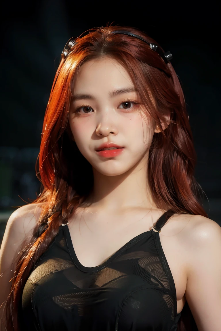 girl with long red hair, red eyes, futuristic vibes, mask on mouth, headphones, 8k, high quality, simple background, glowing eyes, nice pose