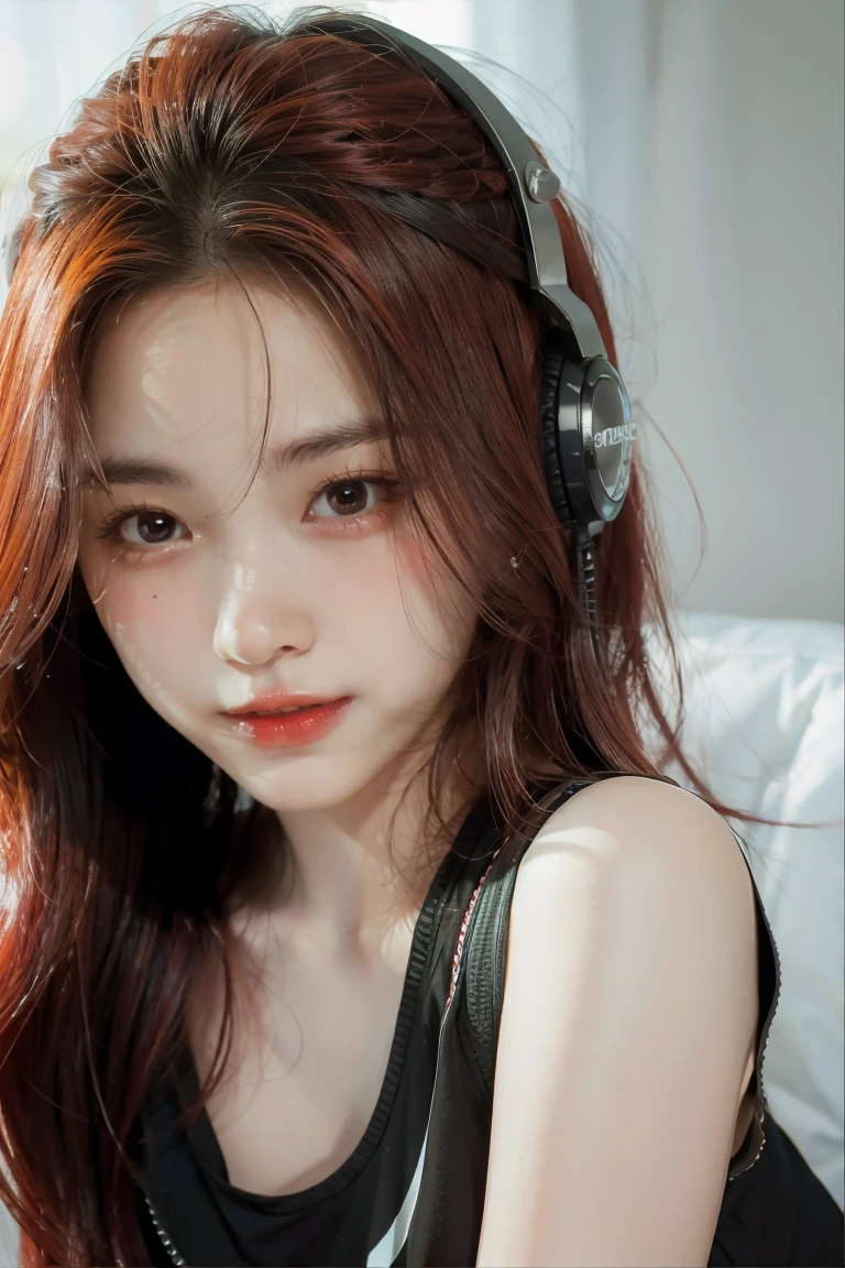 girl with long red hair, red eyes, futuristic vibes, mask on mouth, headphones, 8k, high quality, simple background, glowing eyes, nice pose
