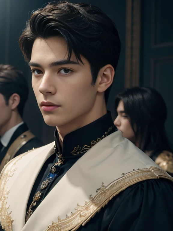 ((masterpiece)),((best quality)),8K,high detail,Very detailed, Very manly,3 men, like,fashion pose, Realistic skin texture, Light,
Royal blue style couple,Perfect hand details