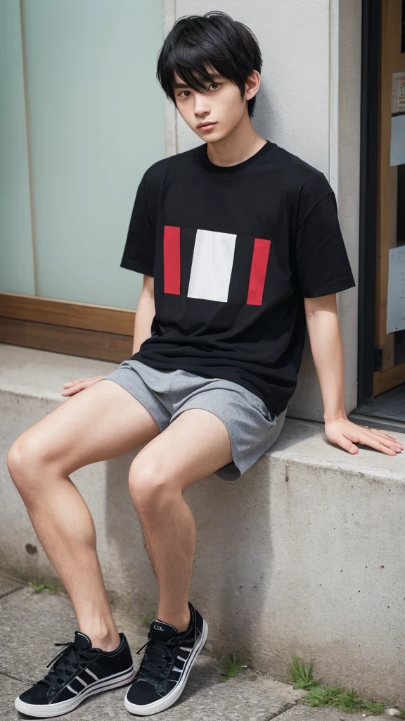 (super sharp focus), (Hairy legs), (((full body))), Japanese man, twenty years old, very short hair, Black Hair, sitting, Wearing shorts, Wearing a T-shirt,