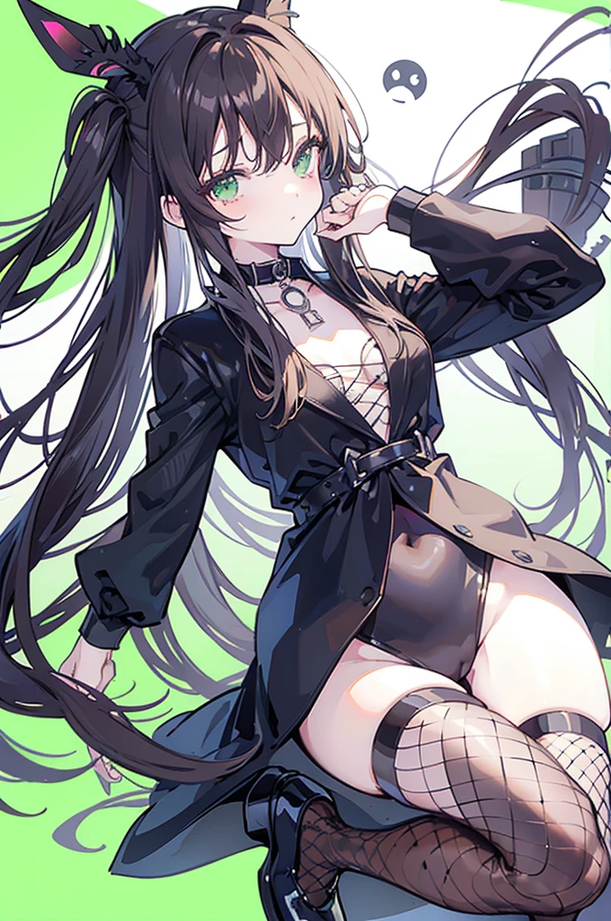 {{masterpiece}}, The best quality of life, 、Dark brown long hair down to the waist、Anime Girls with brown long hair, Cute female anime visuals,(Black Bunny Suit,Black pumps), Anime full body illustration, Anime Moe Art Style, Anime characters, (Anime Girls)、(Green Eyes）、Expressionless adult woman、Small Necklace、((White background))、Fishnet tights、Black pumpsをはいて立っている、C Cup Bust Size