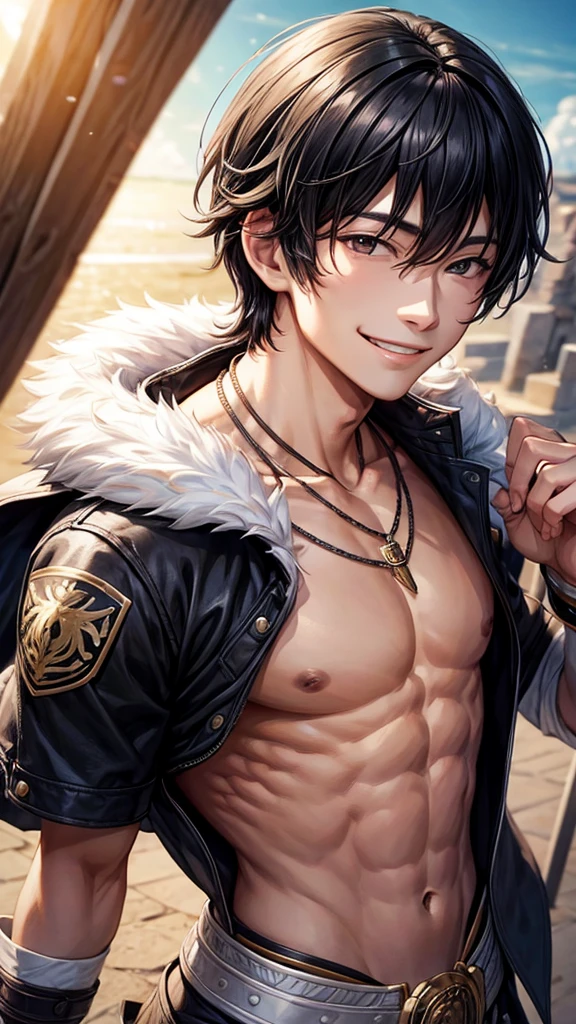 Beautiful Youth、Black Hair、Host wind、Bare-chested、Falcon motif necklace、An inappropriate smile