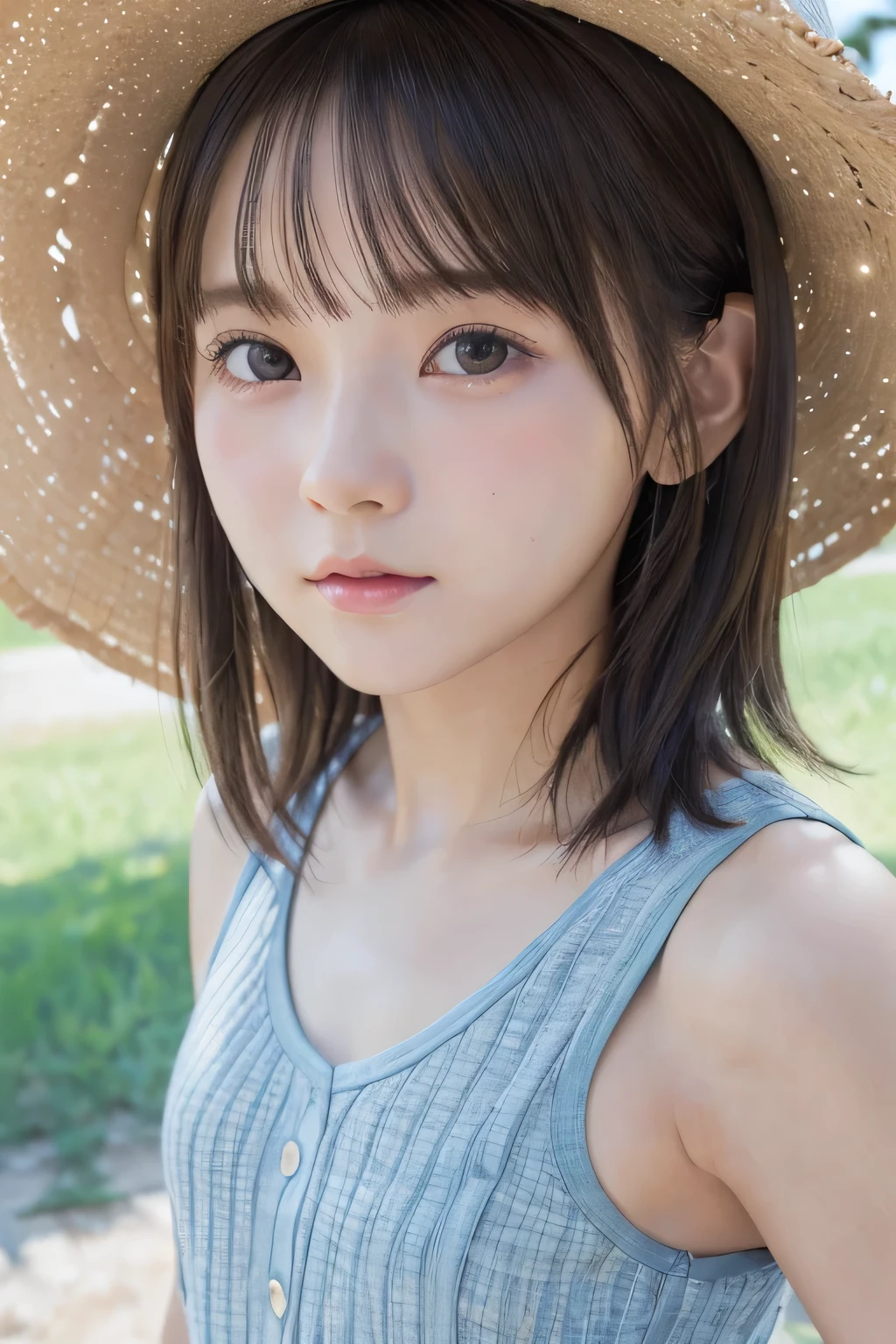 (8k, RAW Photos, Highest quality, masterpiece)、Anatomically correct、slim、cute、Baby Face、One girl、(************)、(Face shot close up:1.33)、Straw hat、Tank top:1.3