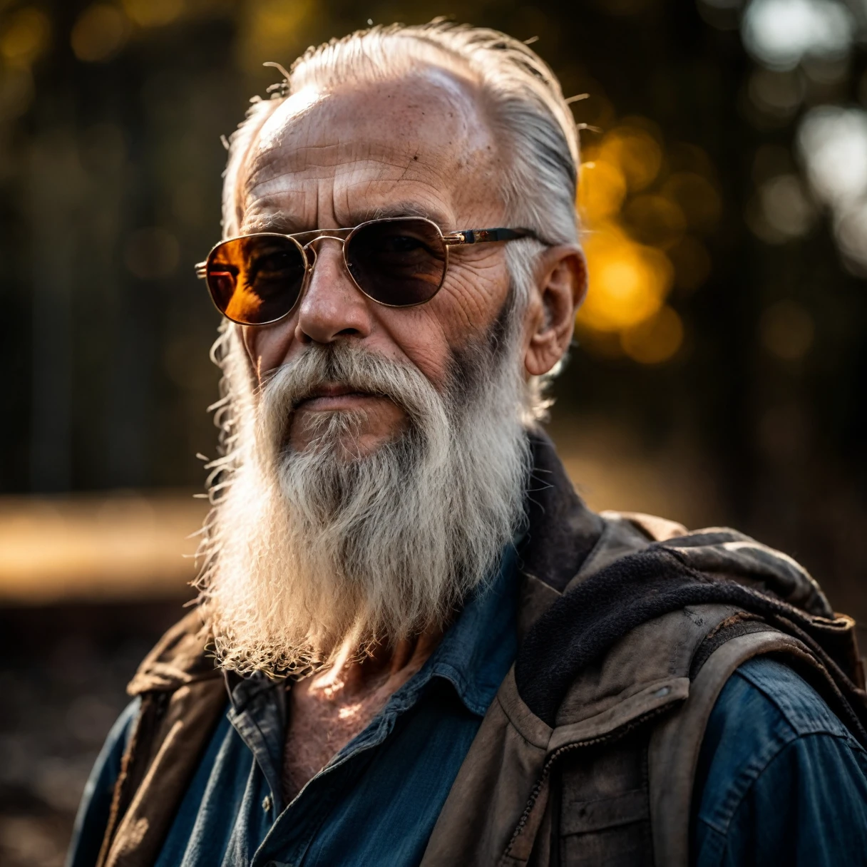 (old man with sunclasses and big beard), postapocalyptic, epic scene, high quality photography, 3 point lighting, flash with softbox, 4k, Canon EOS R3, hdr, smooth, sharp focus, high resolution, award winning photo, 80mm, f2.8, bokeh