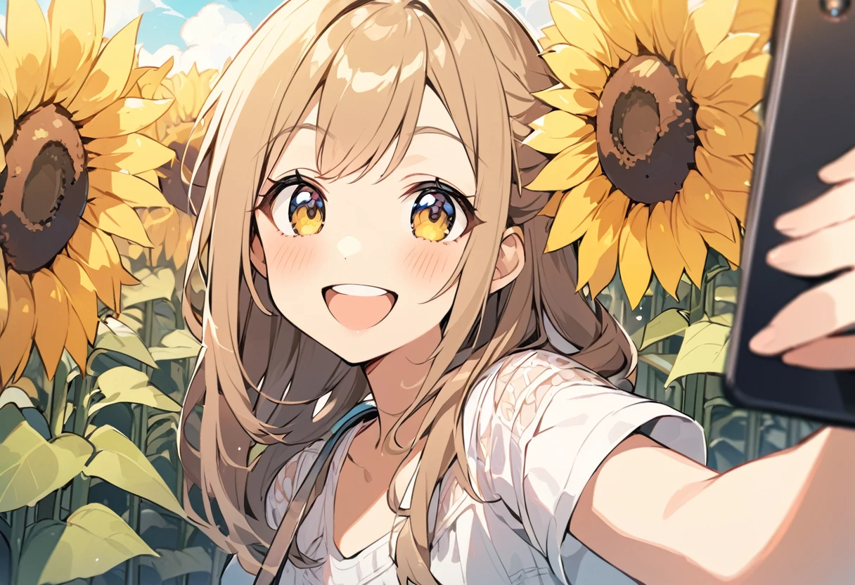 high resolution、Selfie style、Extend the selfie stick towards the screen、Sunflower field、One girl,Upper Body,smile,I&#39;m laughing so hard my eyes are closing,A big smile,Black Hair,long,Shiny Hair, peace_sign
