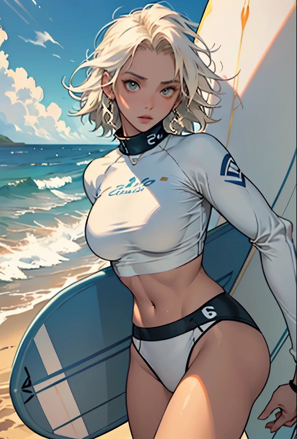 masterpiece, (Textured skin), Highest quality, Gorgeous beautiful girl, (female surfer), Detailed clothing,Large Breasts,Tight waist,, (Beautiful Face), Cinema Lighting, (At the surfing venue ), Holding the board,