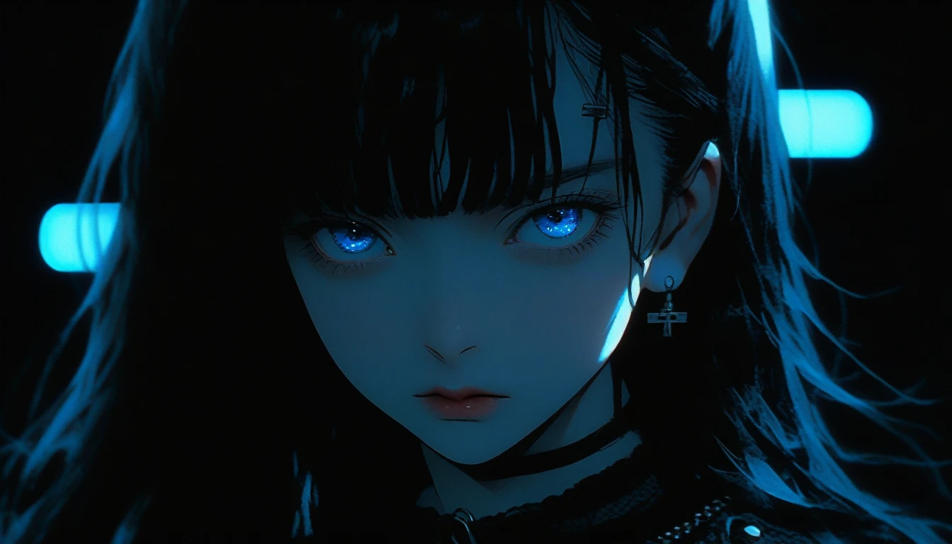 Original Character,juvenile,Confused eyes,blue eyes,Realistic, Analog Style, VHS style, 8mm film, chromatic aberration, DVD Screen Grab, 80s movie, Cinema Lighting, Live Portrait Shooting, Contemporary photography, Dark and intense gothic style, Aesthetics of snapshots, light black, China Punk, thin, Attention to detail, Realisticな影, Move, Movie stills