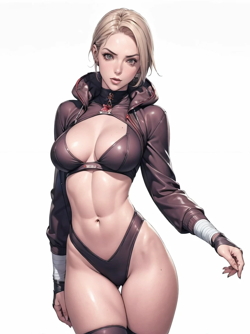 (((Annie Lennox))), (((copper color suit))), (scars), (((bandaged arms))), (((colorful clothes))) (( hood)), (((best qualityer: 1.4))), (Unbeatable masterpiece), (hiper HD),(CG 8k hyper-realistic), brave face, ((( big))), (((hyper feminine))), sexly g, black tattoo,(ultra short red hair with white highlights)), ((( sculptural body ))), (((1 Kizi))), Kizi tatuada de 25 anos com pectbody,,Beautiful and well-groomed face,muscular body:1.2,solid color detailed jacket, (Head to thigh photos), Complex equipment, copper,Tight clothes,With white stars and off-white stripes,,,,,Armor Metal Electronic Parts, Poison tattoos ) INFO, Kizi, (((standing alone))), pirralha violent, 24歳, sexy, pose deitude, work of art, post-apocalypse, (((manga style))), bounty hunter, the way you want, perfect body, roupa moderna, advanced technology, Pleated mini skirt with checkered pattern in red and black, fur collar jacket, sleeves with vertical striped pattern, neutral background, (( cowboy shot )). intricate visual, narrow waist, (((wide hips))), wide hips, fit thighs, (thigh gap), background shows a futuristic airplane